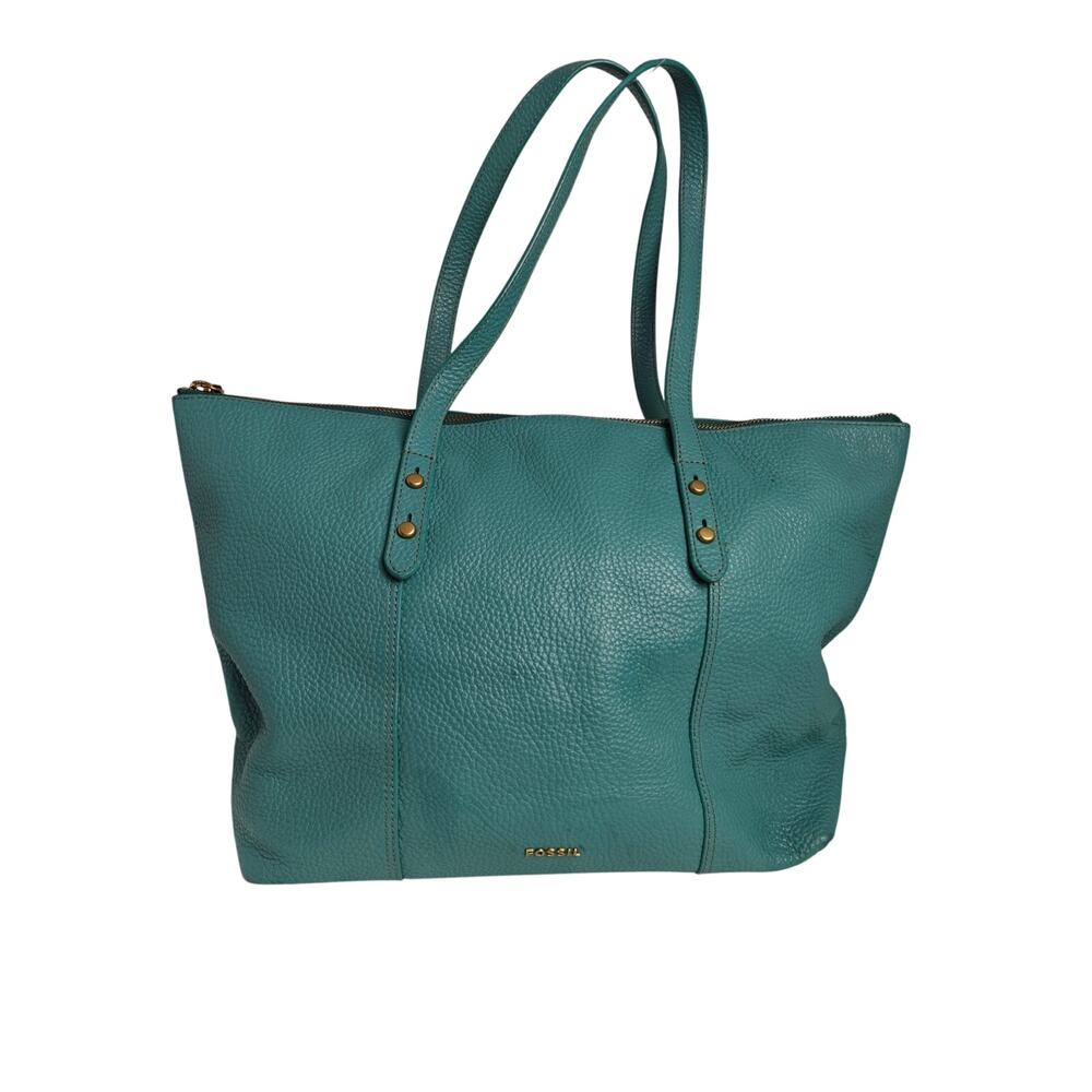 FOSSIL Turquoise Blue PEBBLED LEATHER zippered TOTE BAG Purse GOOD CONDITION